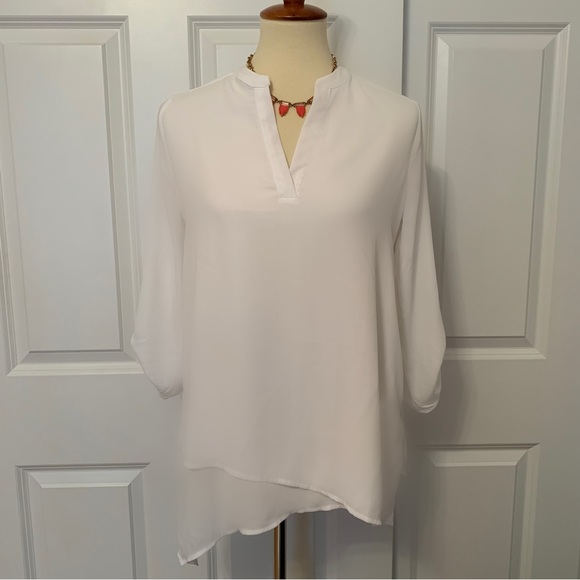 IMAN Tops - White Blouse| 3/4 Sleeves | Asymmetrical Hem